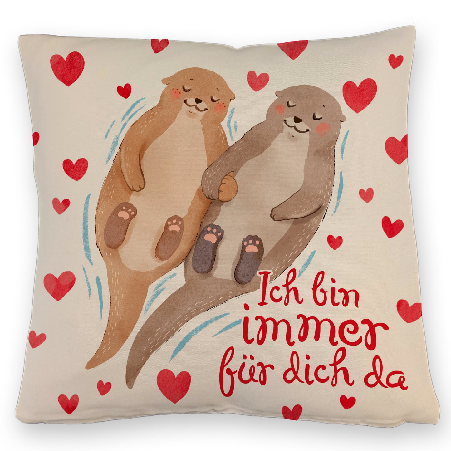 Verliebtes Otter Paar Kissen mit Leinenoptik mit Spruch Ich bin immer für dich da