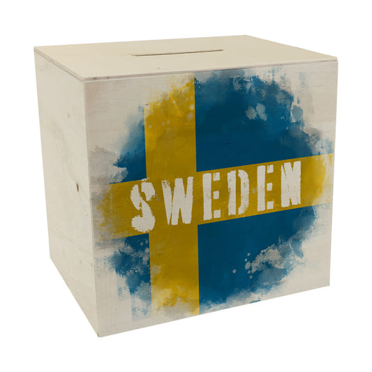 Spardose aus Holz mit Schweden-Flagge im Used Look - Sparschwein für Urlauber