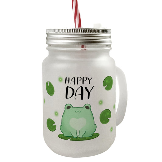 Frosch Mason Jar Henkel Trinkglas mit Deckel mit Spruch Happy Day