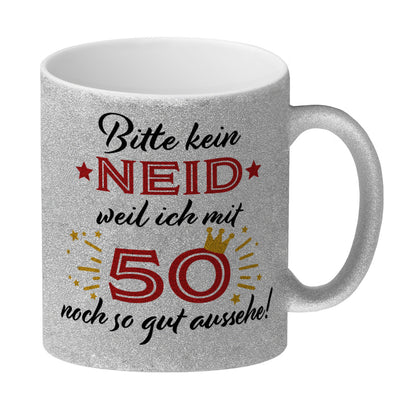 50. Geburtstag Glitzer-Kaffeebecher mit lustigem Spruch: Neid