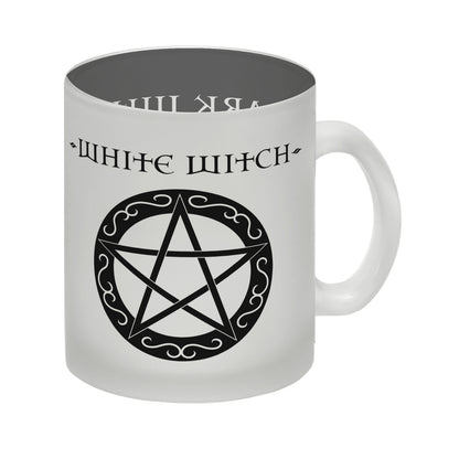 Glas Tasse mit magischen Pentagrammen und Spruch - White Witch - Dark Witch