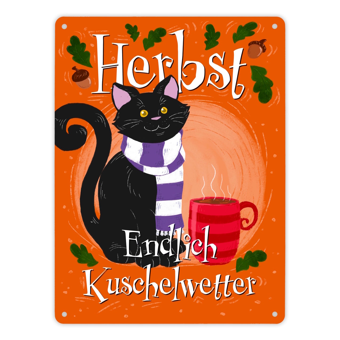 Herbst - Endlich Kuschelwetter Metallschild XL in 21x28 cm mit schwarzer Katze