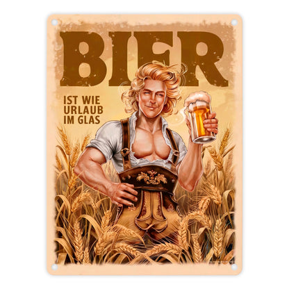 Blonder Mann mit Bier - Urlaub im Glas Metallschild in 15x20 cm