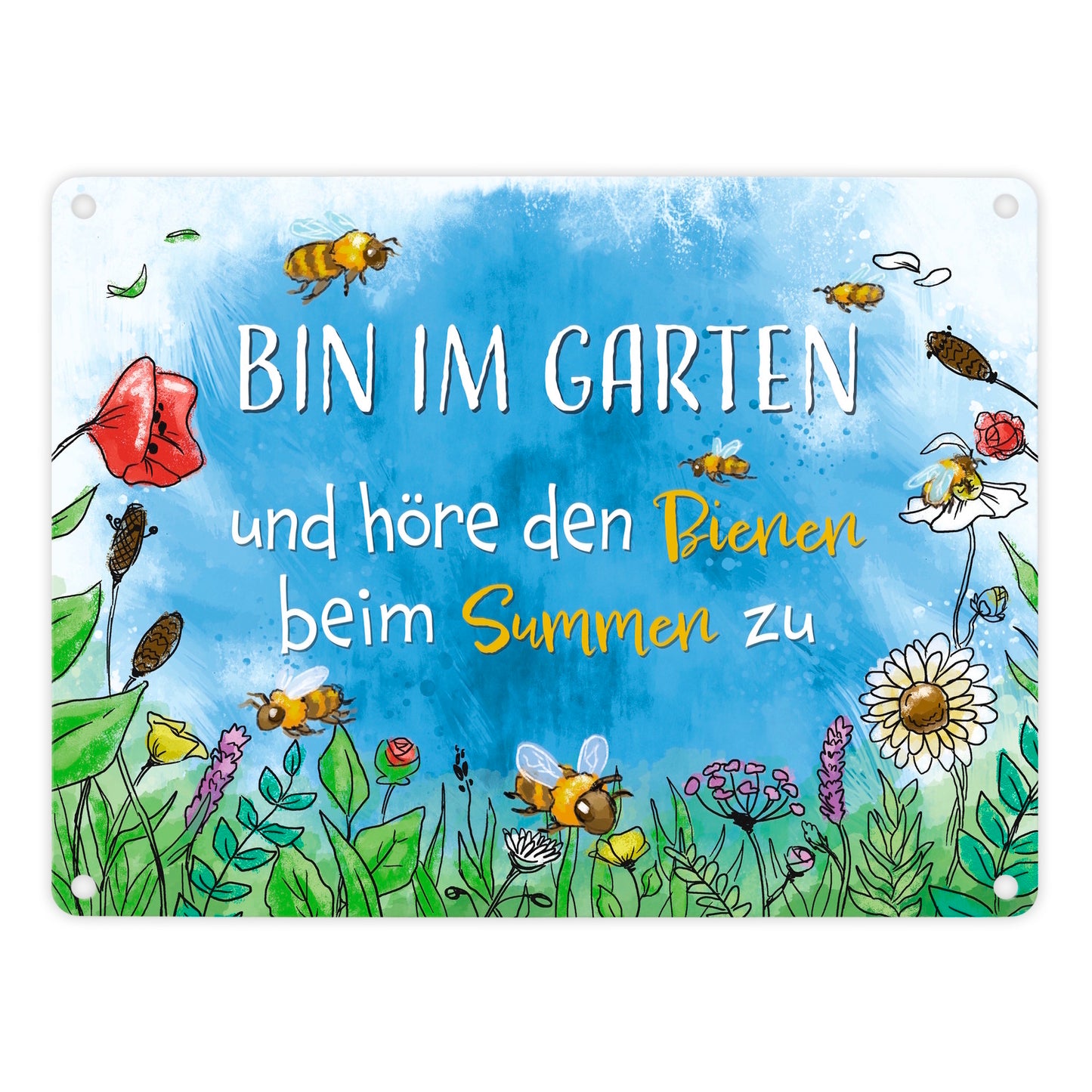 Bin im Garten Metallschild in 15x20 cm mit Blumenwiese und Bienen