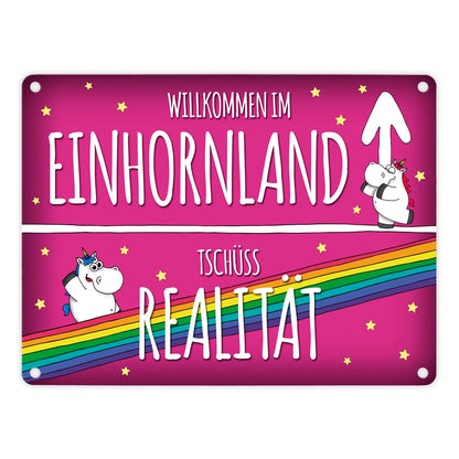 Honeycorns Metallschild mit Einhorn Stadtschild Motiv und Spruch: Willkommen im Einhornland