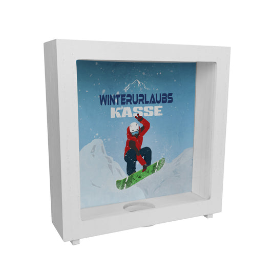 Winterurlaubskasse Rahmen Spardose aus Holz mit coolem Snowboarder