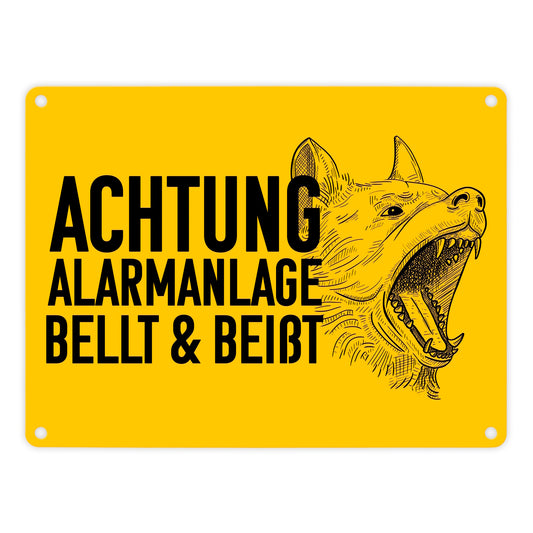 Achtung Alarmanlage bellt und beißt Metallschild in 15x20 cm mit Hunde Motiv