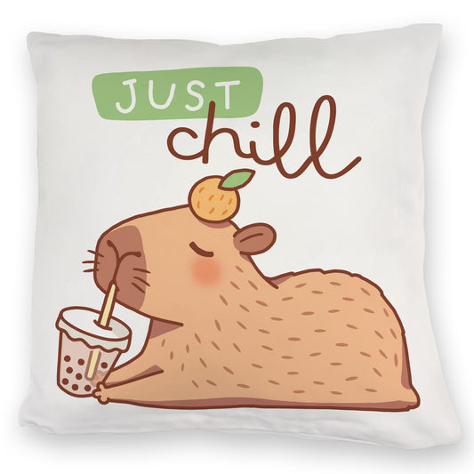 Capybara mit Bubble Tea Kuschelkissen mit Spruch Just Chill