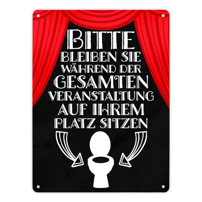 Bitte sitzen bleiben Toiletten Metallschild XL in 21x28 cm mit rotem Vorhang