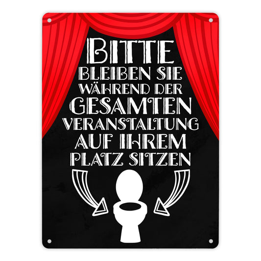 Bitte sitzen bleiben Toiletten Metallschild XL in 21x28 cm mit rotem Vorhang