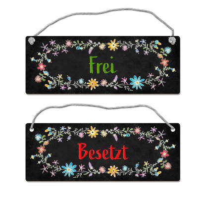 Schwarzes Toilette ist frei oder besetzt Wendeschild mit Blumen Motiv und Kordel