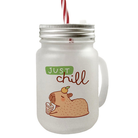 Capybara mit Bubble Tea Mason Jar Henkel Trinkglas mit Deckel mit Spruch Just Chill