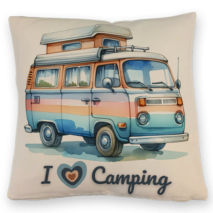 Campervan Kissen mit Leinenoptik mit Spruch I love Camping