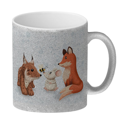 Schlauer Fuchs Glitzer-Kaffeebecher zur Einschulung mit Tiermotiv und Spruch