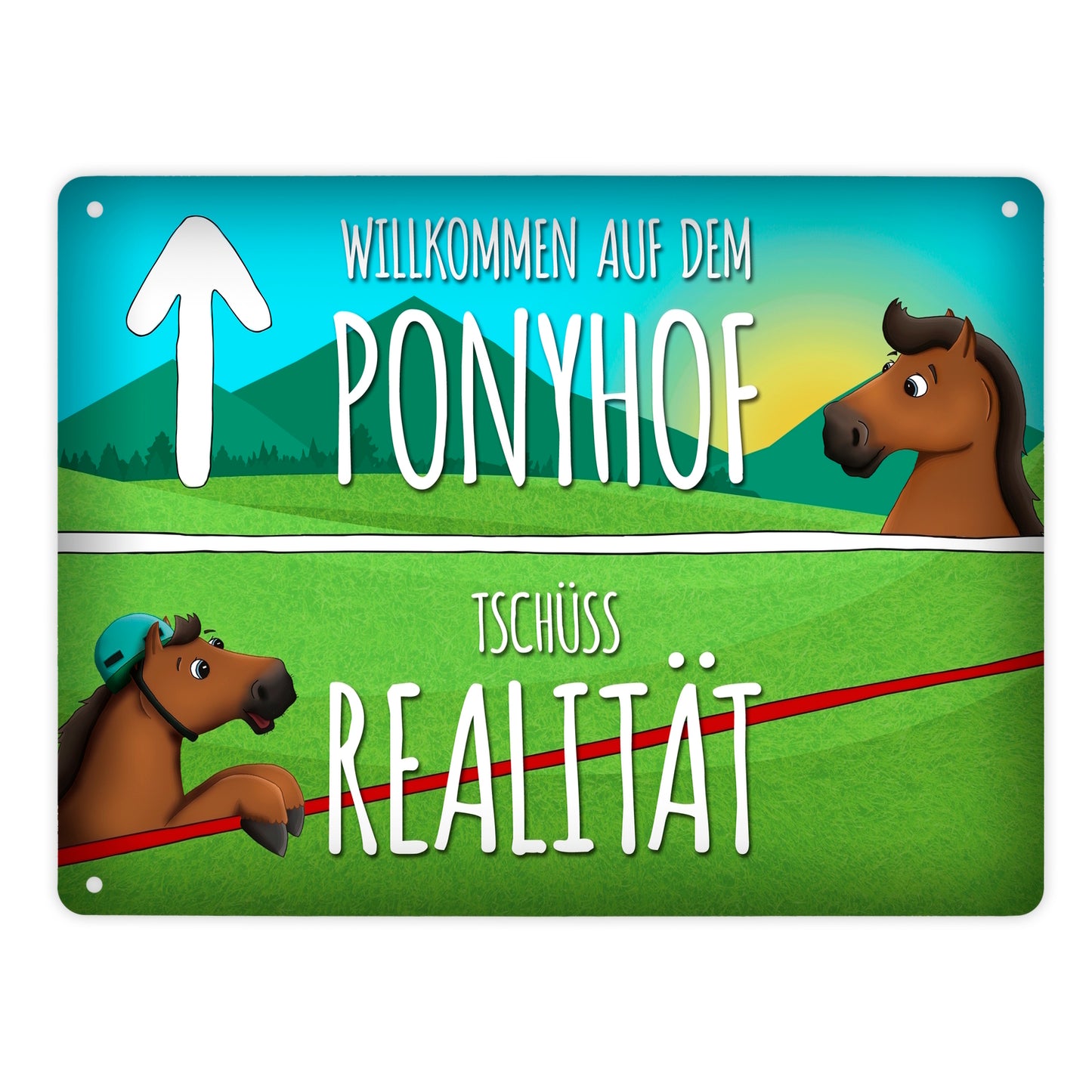 Metallschild XL mit Pferde Motiv und Spruch: Willkommen auf dem Ponyhof