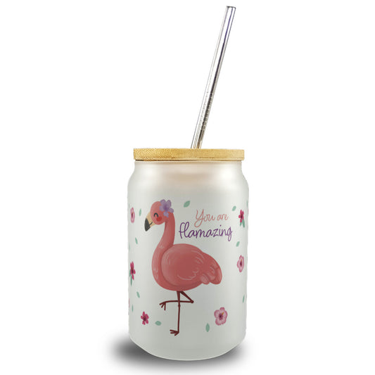 Flamingo Trinkglas mit Bambusdeckel mit Spruch You are flamazing