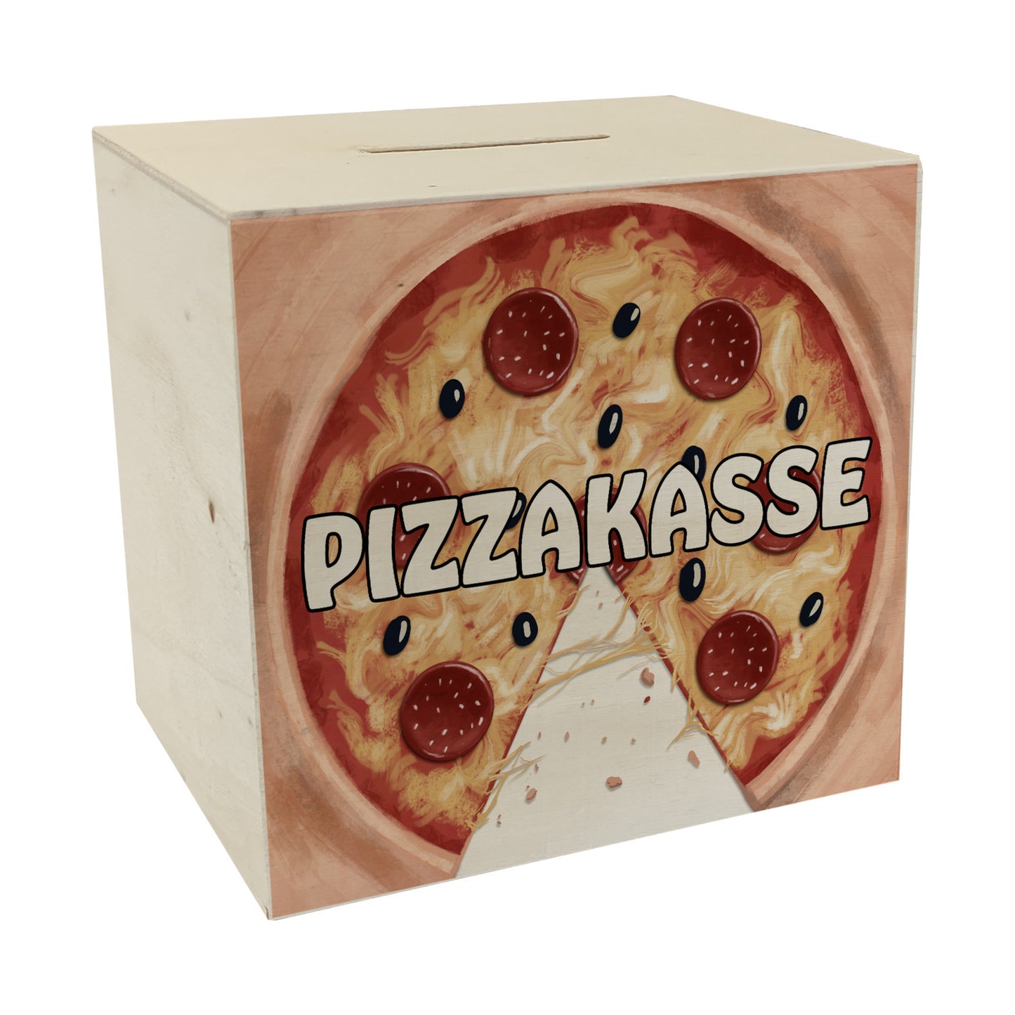 Pizzakasse Spardose aus Holz mit Pizzamotiv