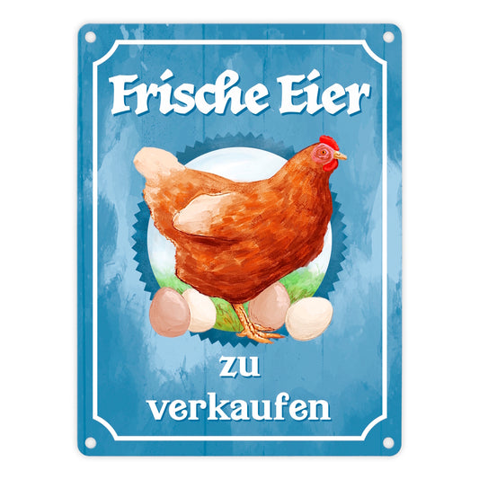 Frische Eier zu verkaufen Metallschild in 15x20 cm mit Huhn Motiv