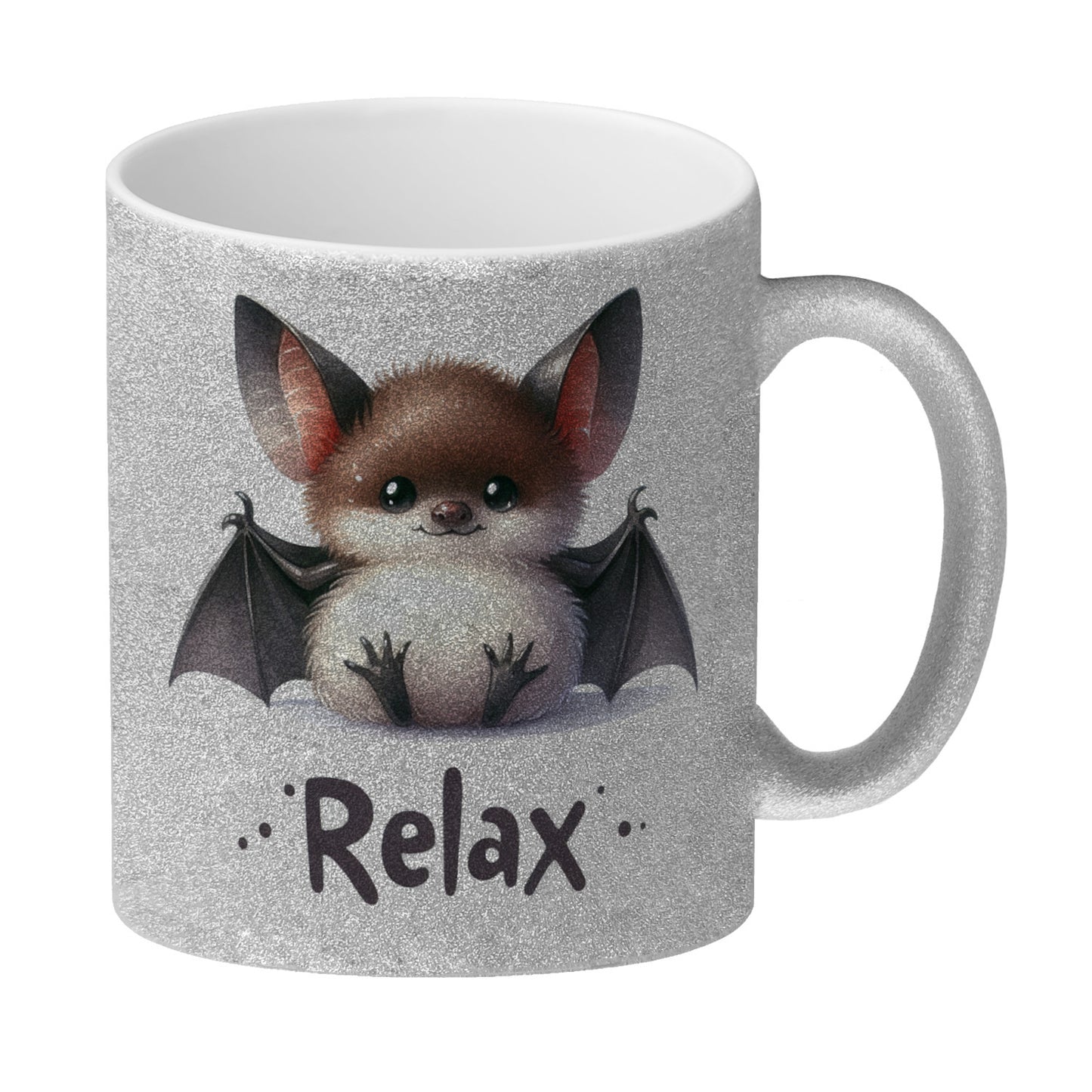 Baby Fledermaus Glitzer-Kaffeebecher mit Spruch Relax