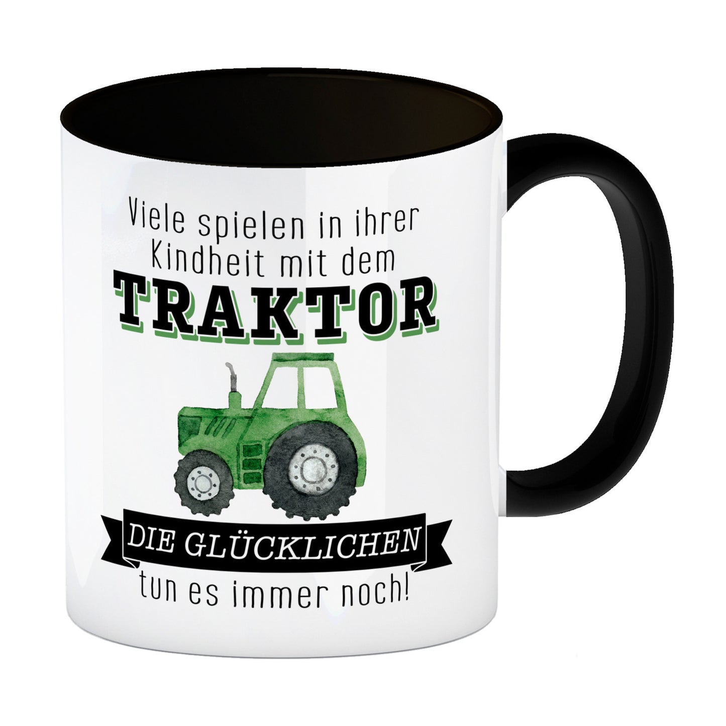 Traktor Kaffeebecher in schwarz mit Spruch Kindheitsträume - Für immer Traktor fahren