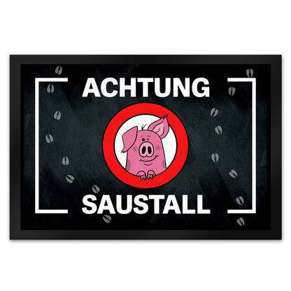 Achtung Saustall Fußmatte XL in 40x60 cm mit niedlichem Comic-Schwein im Warnkreis