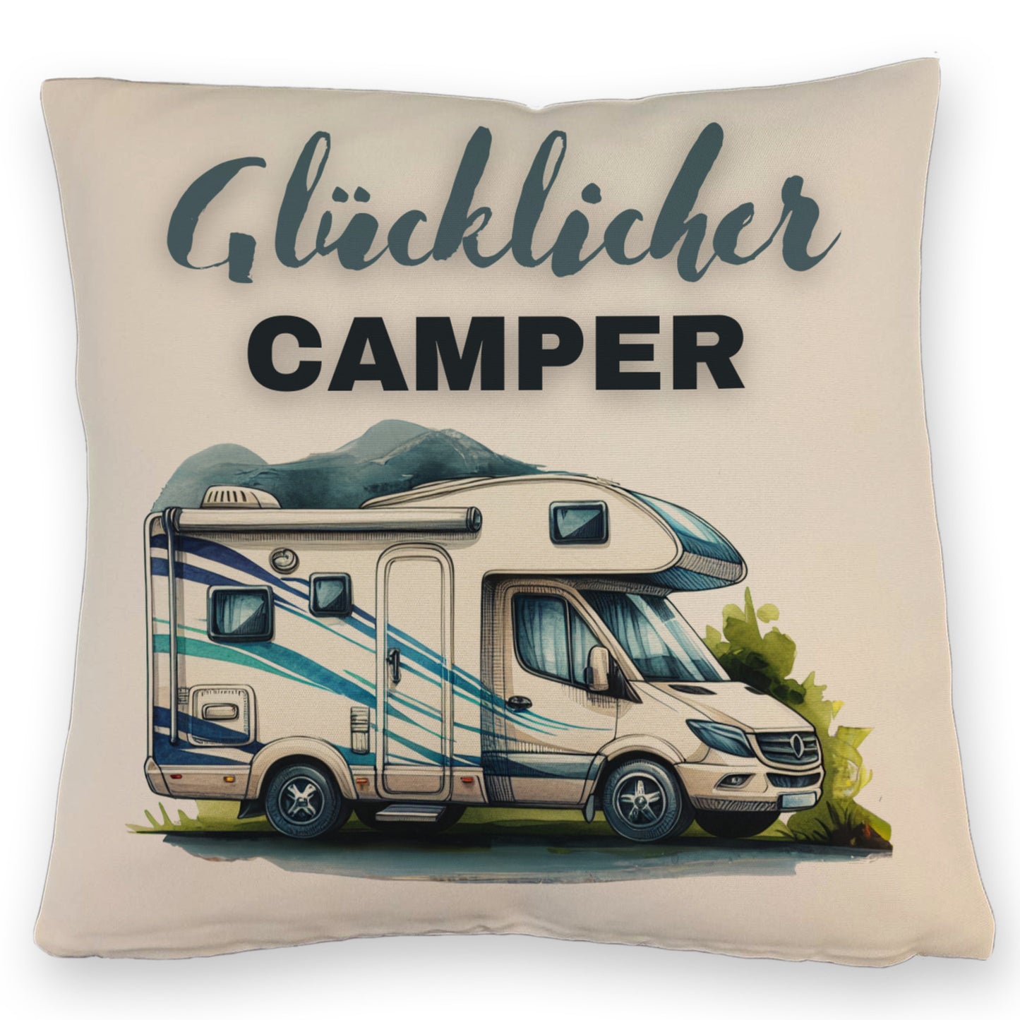 Wohnmobil Kissen mit Leinenoptik mit Spruch Glücklicher Camper