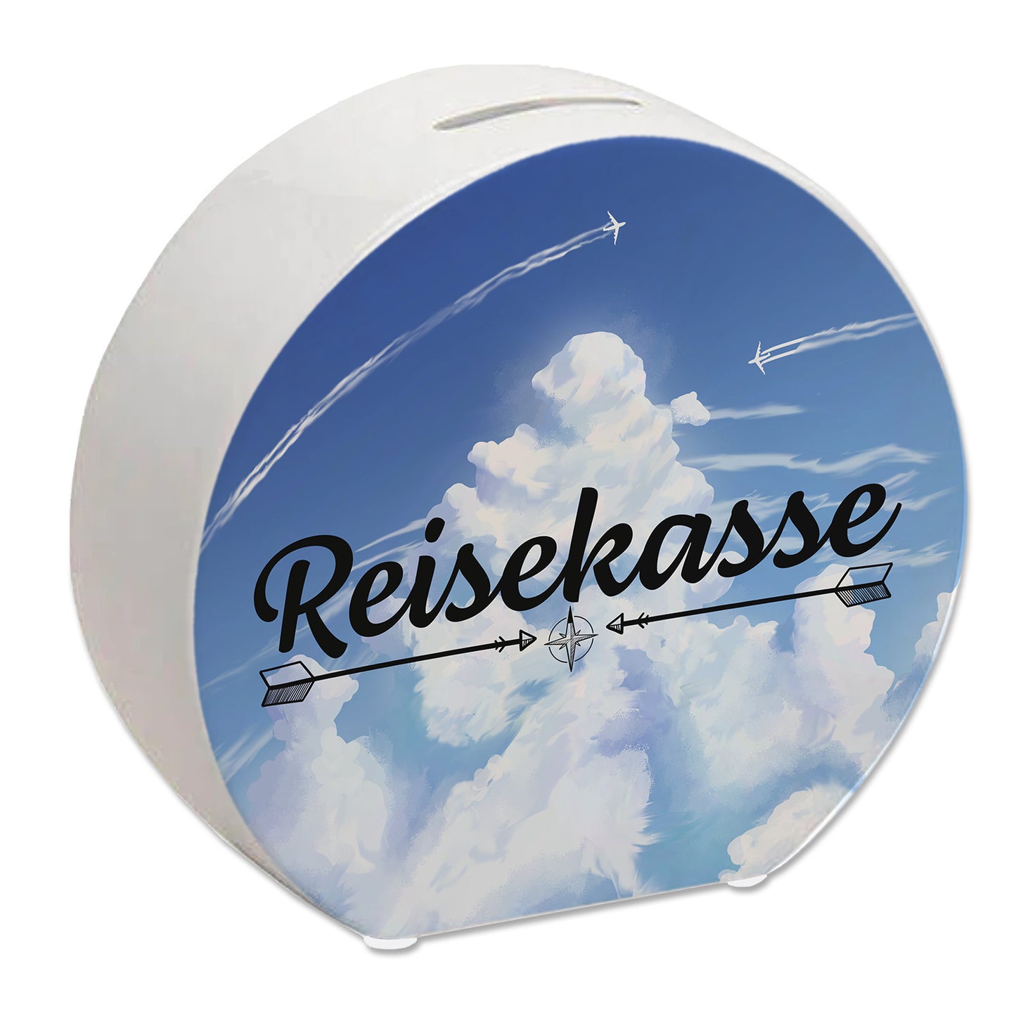 Reisekasse Spardose mit schönem Wolkenmotiv und Flugzeugen