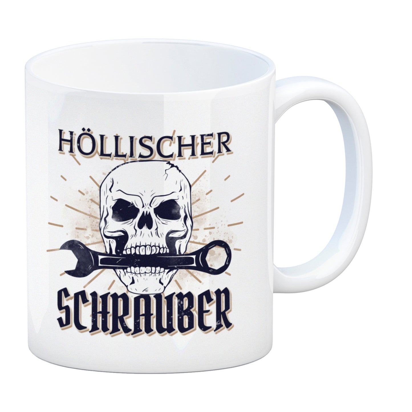 Höllischer Schrauber Kaffeebecher mit Totenkopf und Schraubenschlüssel Motiv