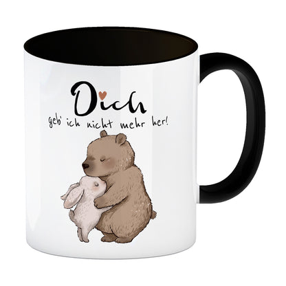 Hase und Bär Kaffeebecher in schwarz mit Spruch Dich geb ich nicht mehr her