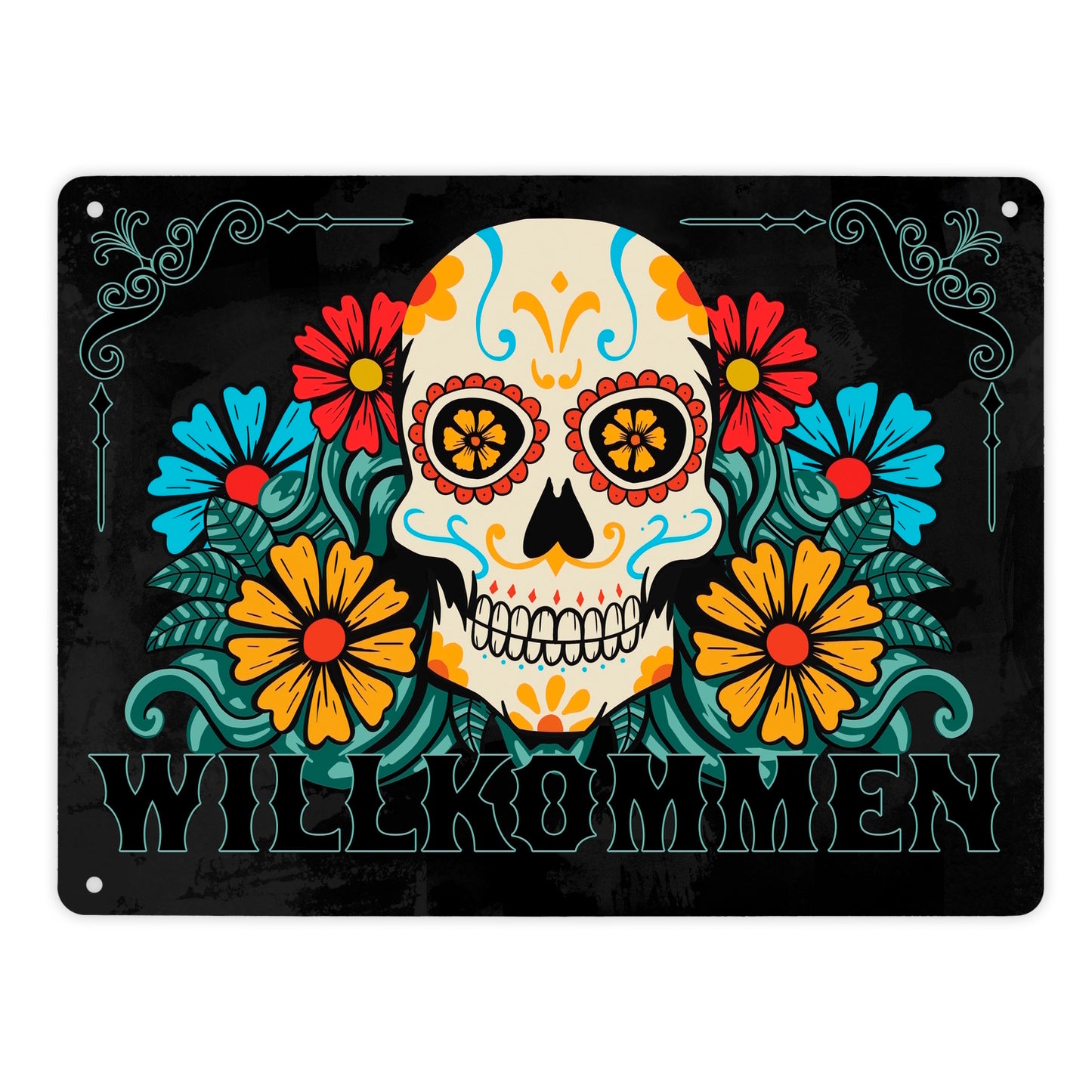 Willkommen Metallschild XL in 21x28 cm mit Totenkopf und Blumenmotiv