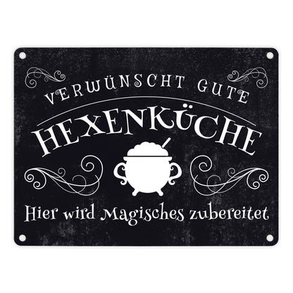 Verwünscht gute Hexenküche Halloween Metallschild in 15x20 cm mit lustigem Spruch