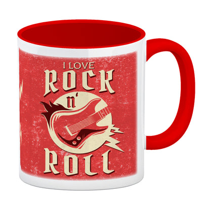 I Love Rock 'n' Roll Kaffeebecher Rot mit Gitarren Motiv