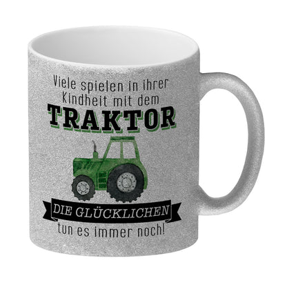 Traktor Glitzer-Kaffeebecher mit Spruch Kindheitsträume - Für immer Traktor fahren