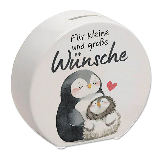 Pinguin Mutter und Kind Spardose mit Spruch Für kleine und große Wünsche