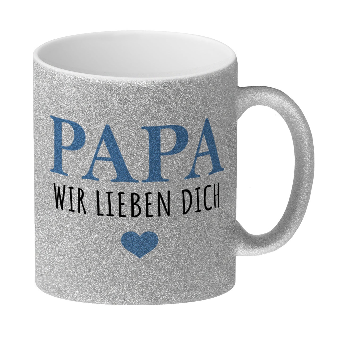 Papa wir lieben dich Glitzer-Kaffeebecher in blau mit Herz