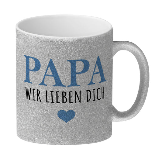 Papa wir lieben dich Glitzer-Kaffeebecher in blau mit Herz