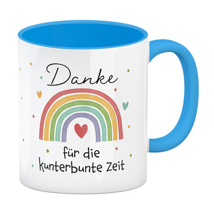 Regenbogen Kaffeebecher in hellblau mit Spruch Danke für die kunterbunte Zeit