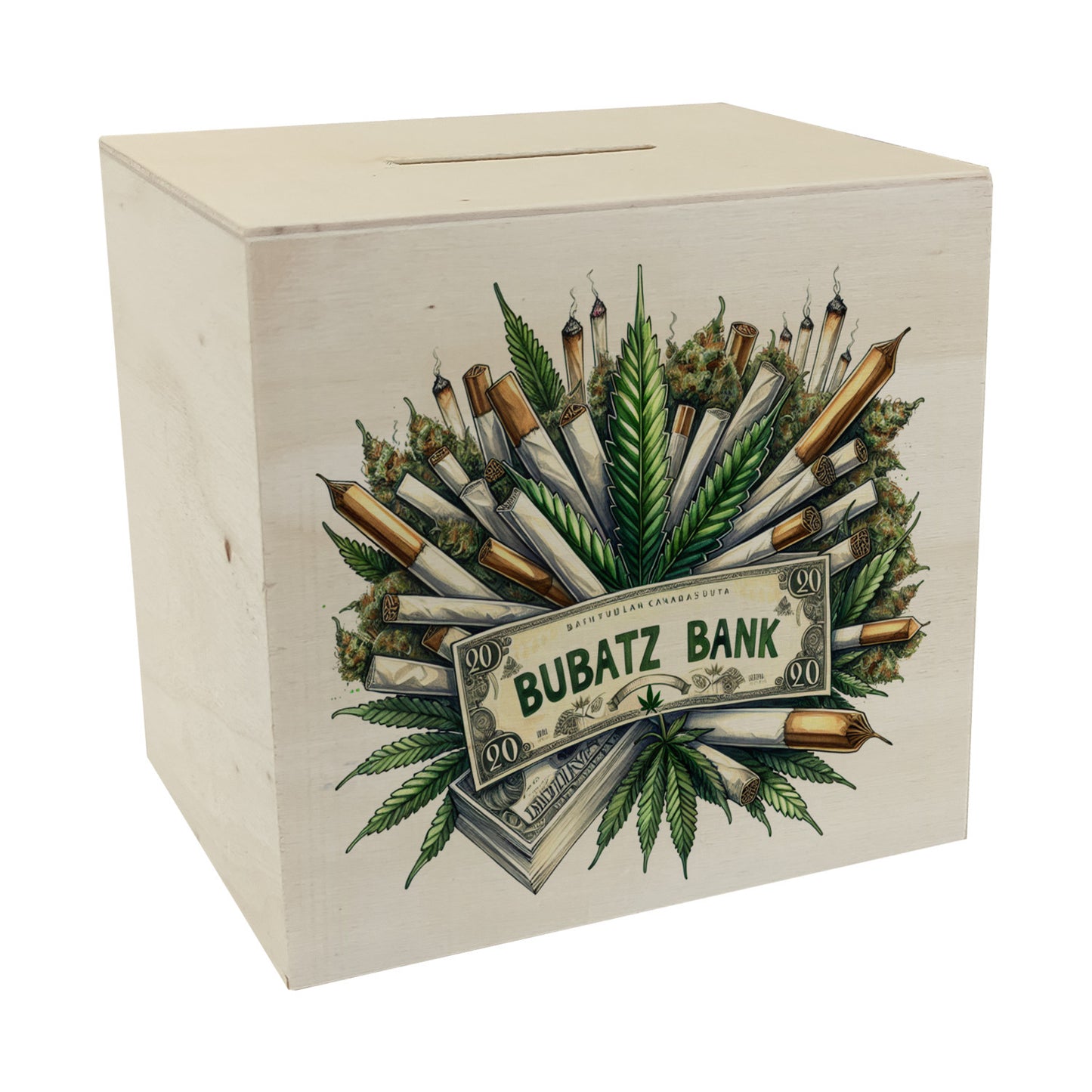 Marihuana Kiffer Spardose aus Holz mit Spruch Bubatz Bank