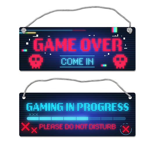 Gaming in progress oder Game Over Wendeschild im Pixel Look