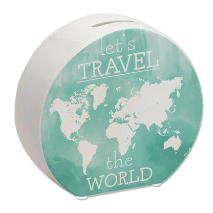 Spardose mit Weltkarten Motiv und Text - let's travel the world in Türkis