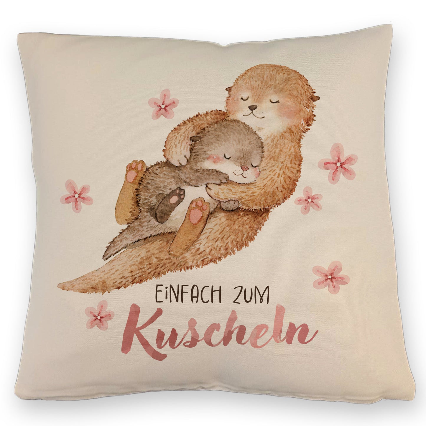 Otter Baby und Mutter Kissen mit Leinenoptik mit Spruch Einfach zum Kuscheln