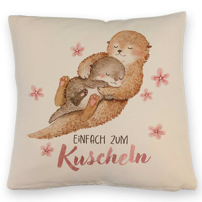 Otter Baby und Mutter Kissen mit Leinenoptik mit Spruch Einfach zum Kuscheln