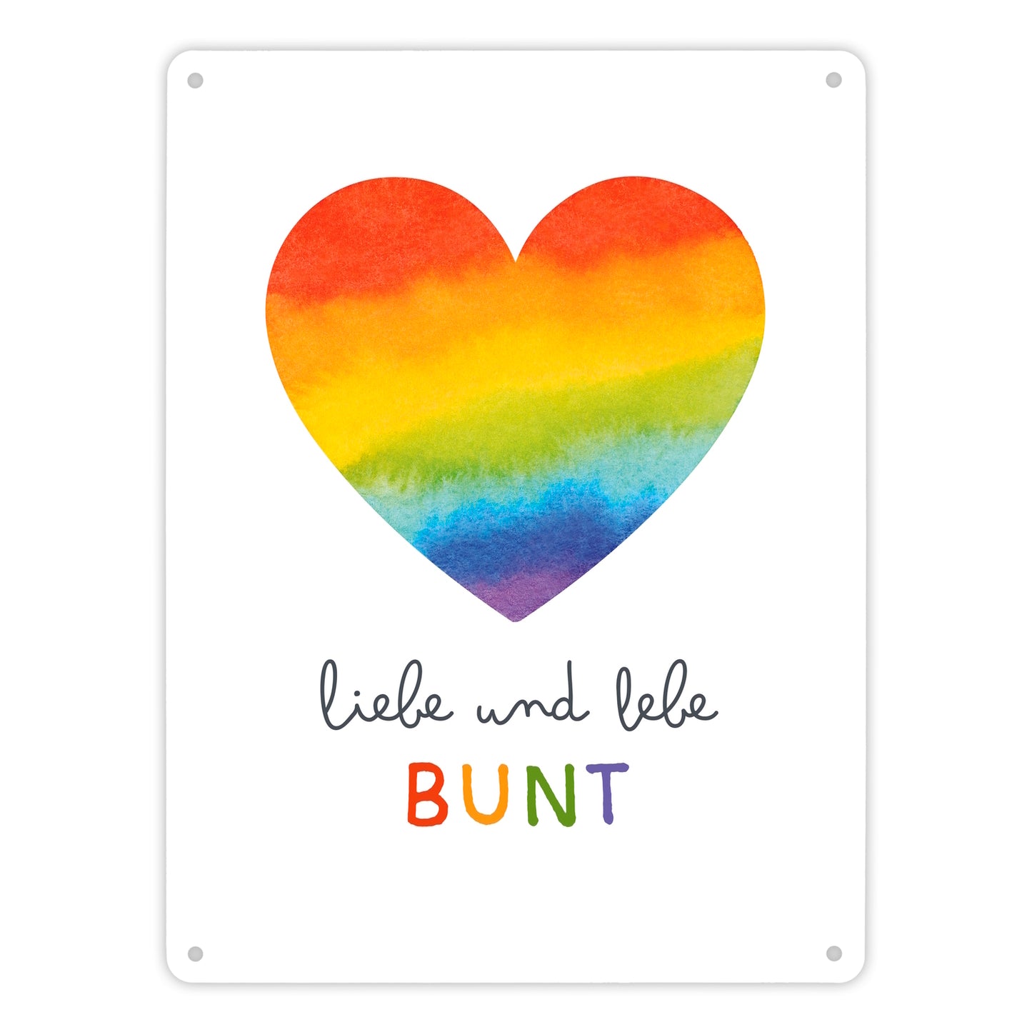 Regenbogenherz Metallschild XL in 21x28 cm mit Spruch Liebe und lebe bunt