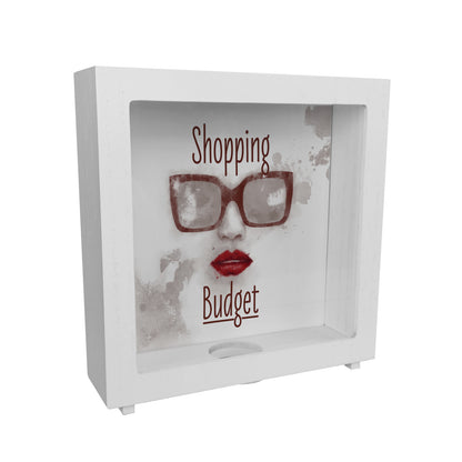 Rahmen Spardose aus Holz mit coolem Sonnenbrillenmotiv und Spruch - Shopping Budget