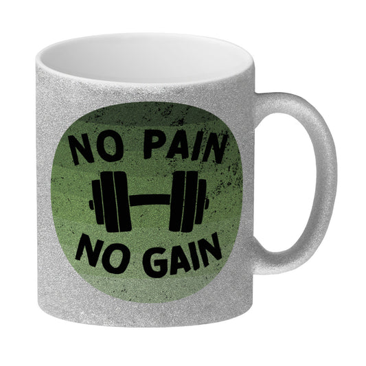 No pain no gain Fitness Glitzer-Kaffeebecher mit Hantel