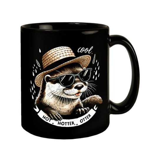 Otter mit Strohhut und Sonnenbrille Tasse in Schwarz mit Spruch Hot Hotter Otter