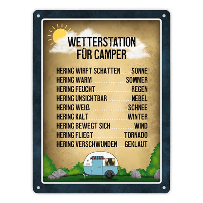 Metallschild XL mit Campingplatz Motiv und Spruch: Wetterstation für Camper