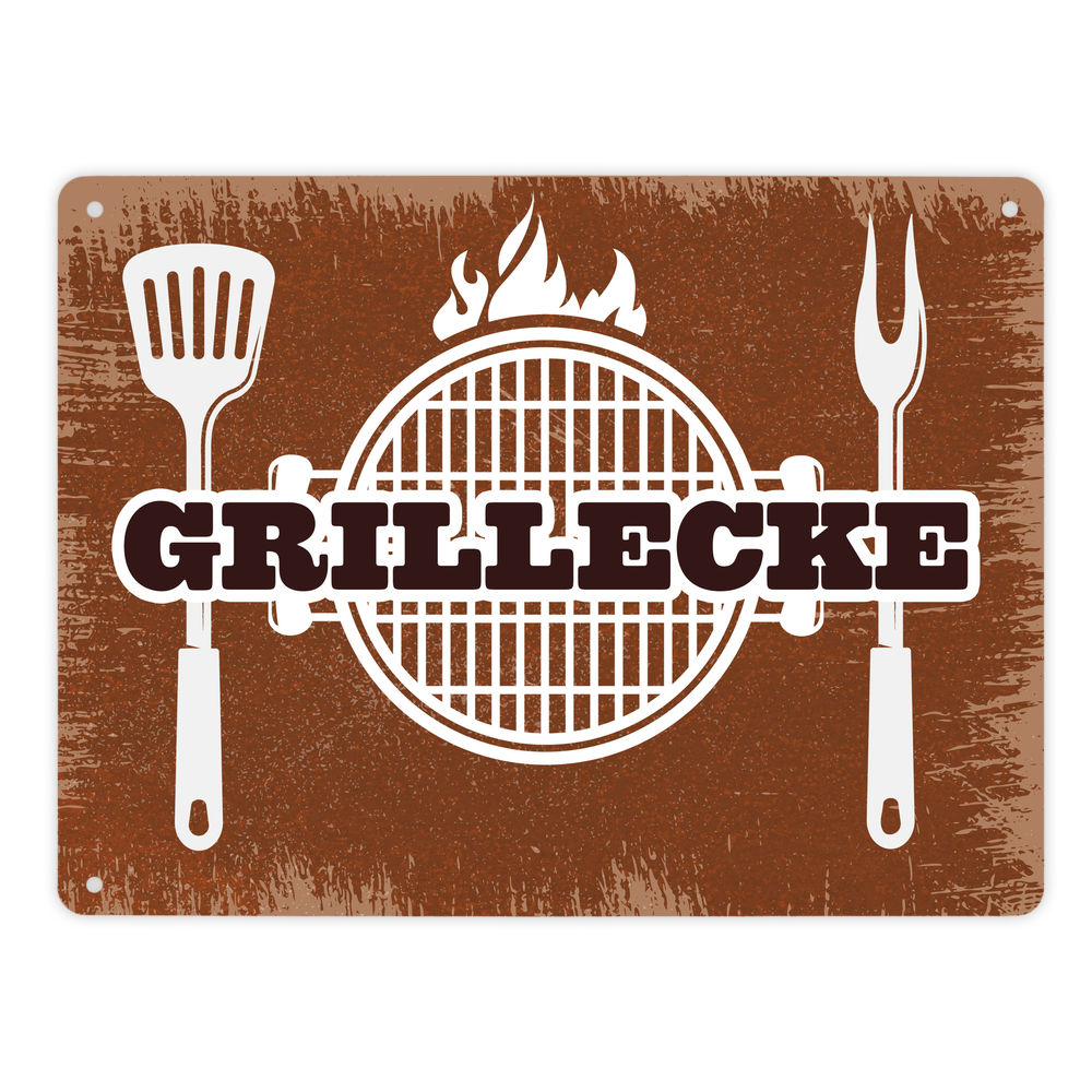 Grillecke Metallschild XL mit coolem Grillmotiv auf rostbraunem Hintergrund