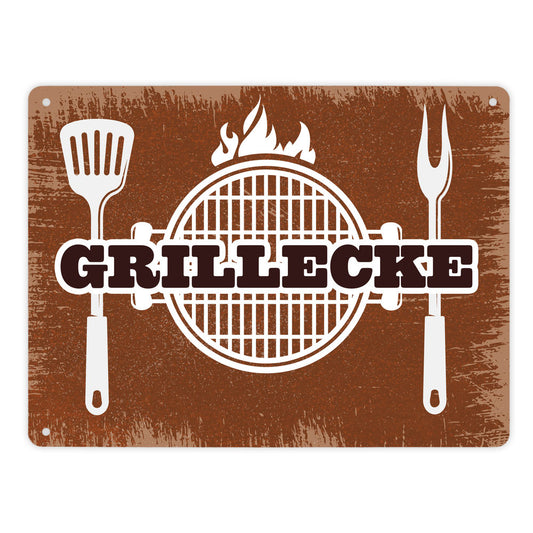 Grillecke Metallschild XL mit coolem Grillmotiv auf rostbraunem Hintergrund