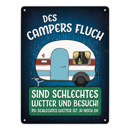 Metallschild XL mit Wohnwagen Motiv und Spruch: Des Campers Fluch